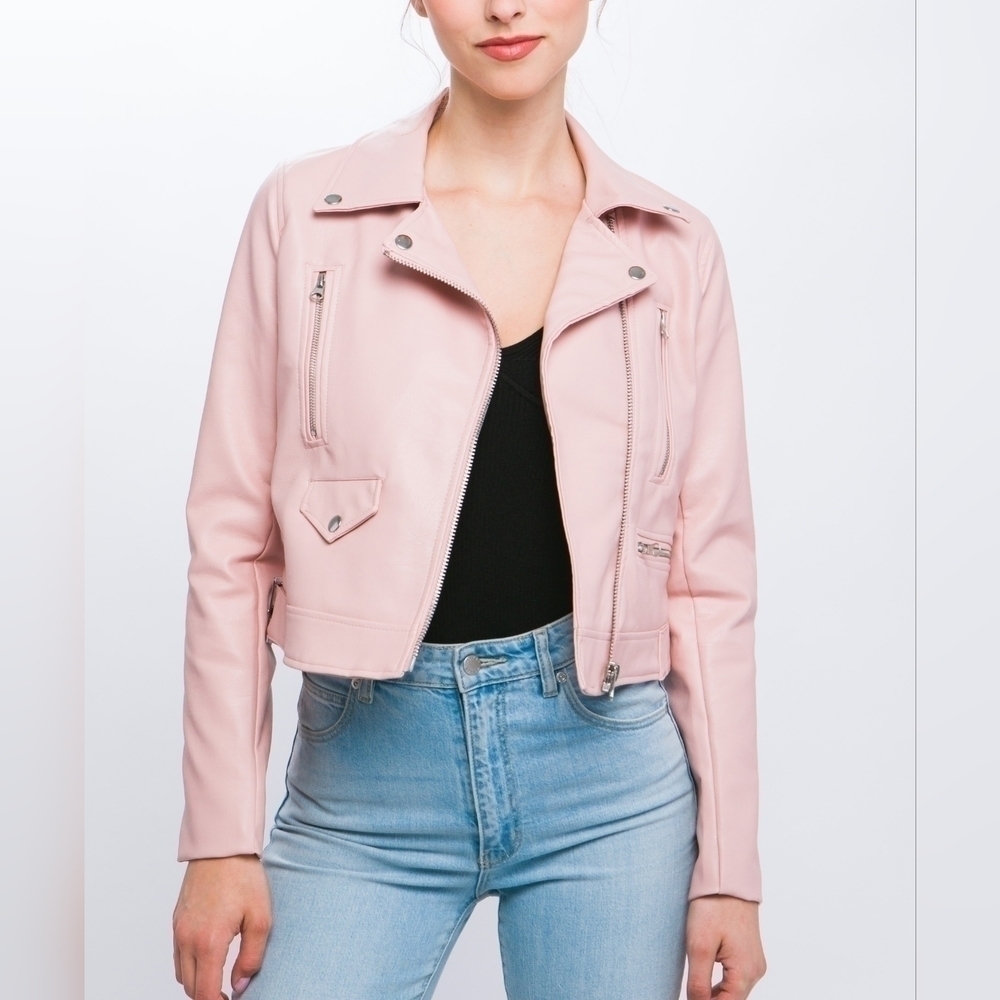 LOVETREE Women’s Blush Pink Moto Jacket – Faux Leather Biker Style, Zip Details
